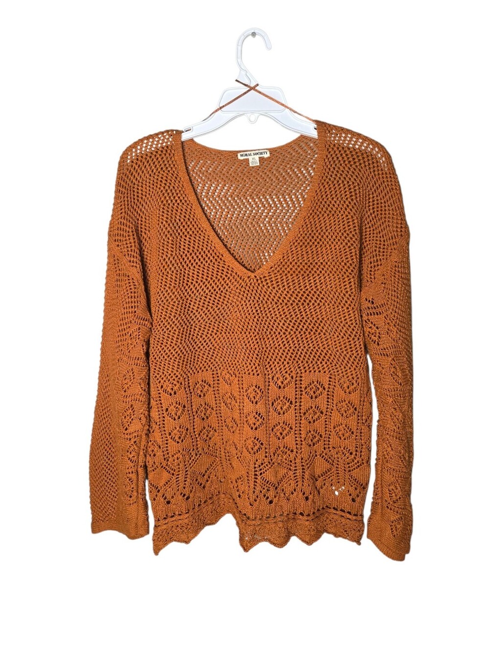 Moral Society Womens XL orange Crochet Knit Long Sleeve Sweater Boho Hippie Fall